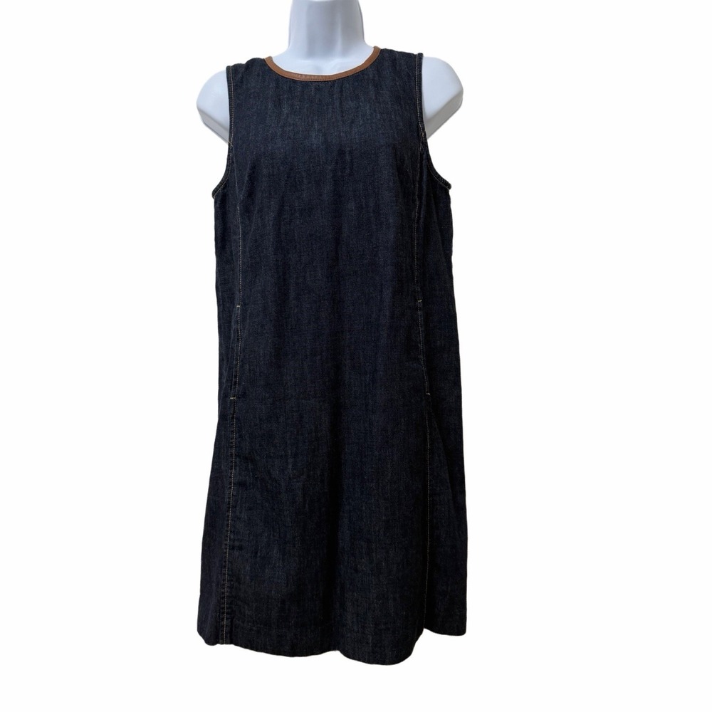 Lauren Ralph Lauren Denim Leather Trim‎ Mini Shift Dress Size 6P Navy Classic